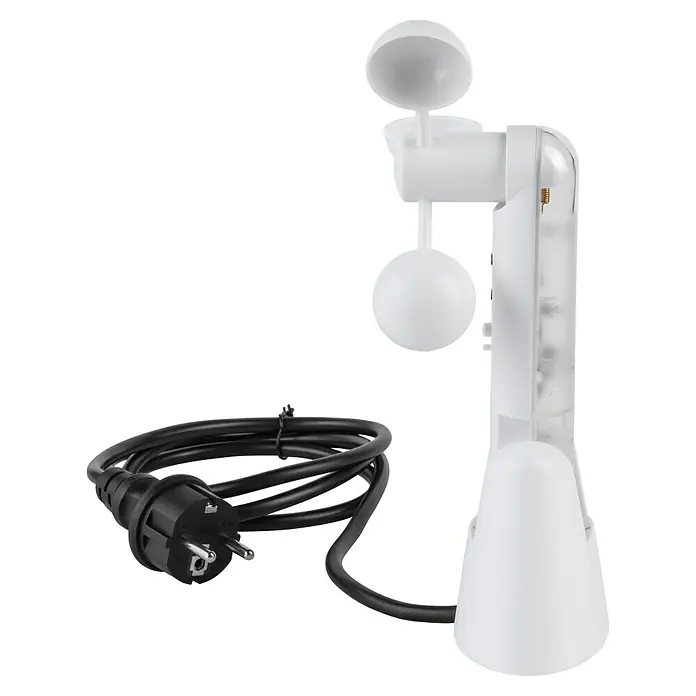 Wind- & Sonnensensor - 130 x 140 x 220 mm, Passend für: Sunfun Vollkassettenmarkisen inkl. LED & Crudo, Sunfun Hülsenmarkisen - Ein weißer Windsensor mit Kugeln und ein schwarzes Stromkabel sind auf einem schwarzen Hintergrund abgebildet.