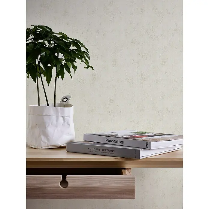 A.S. Création Neue Bude 2.0 ED II Vliestapete I - Sand, Uni, 10,05 x 0,53 m - Ein eleganter Arbeitsplatz mit einer Zimmerpflanze im weißen Topf und zwei Büchern auf einem hellen Holztisch mit Schublade.