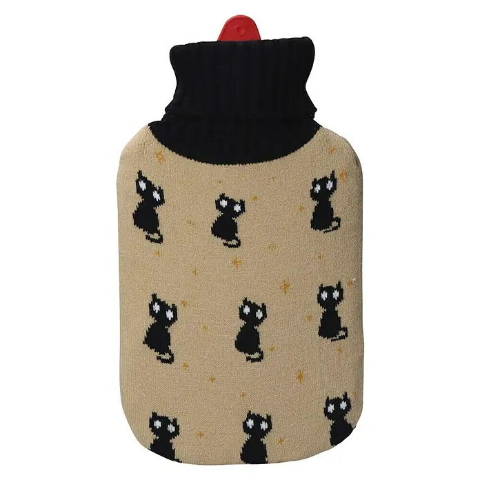 Bolsa de agua caliente 2L Gatos - Beige/negro - Bolsa de agua caliente con estampado de gato negro y cuello alto para mayor calidez.