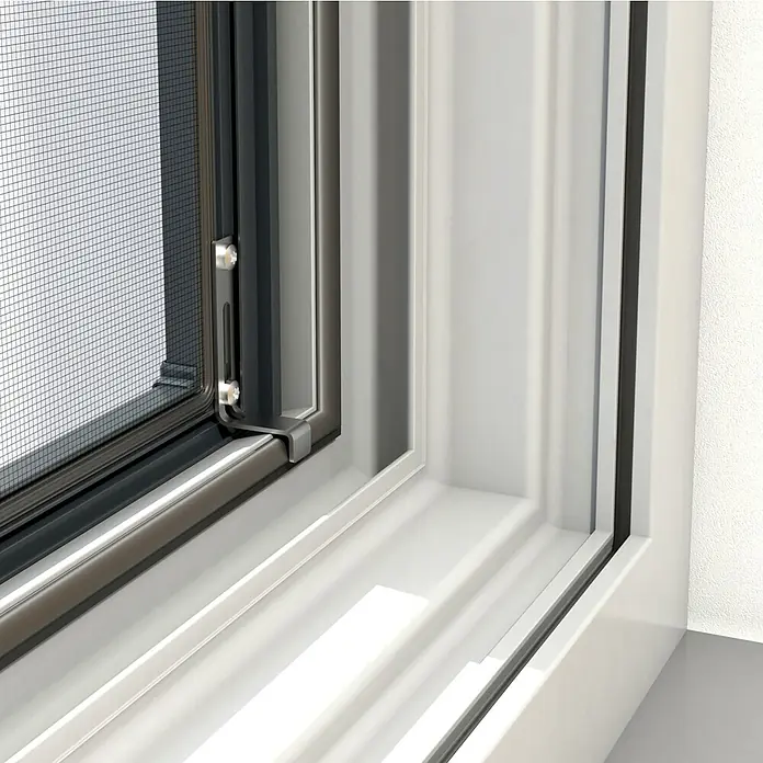 Windhager Insektenschutzfenster Expert - B x H: 120 x 220 cm, Anthrazit, Montage Insektengitter: Klemmen - Nahaufnahme eines Fensters mit Fliegengitter und weißem Rahmen, das modernes Design und Funktionalität vereint.