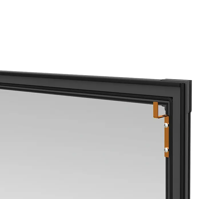 Windhager Insektenschutzfenster Expert - B x H: 120 x 220 cm, Anthrazit, Montage Insektengitter: Klemmen - Detailaufnahme eines Fensters mit schwarzem Rahmen und bronzefarbener Befestigung. Das Fensterdesign ist modern und minimalistisch.