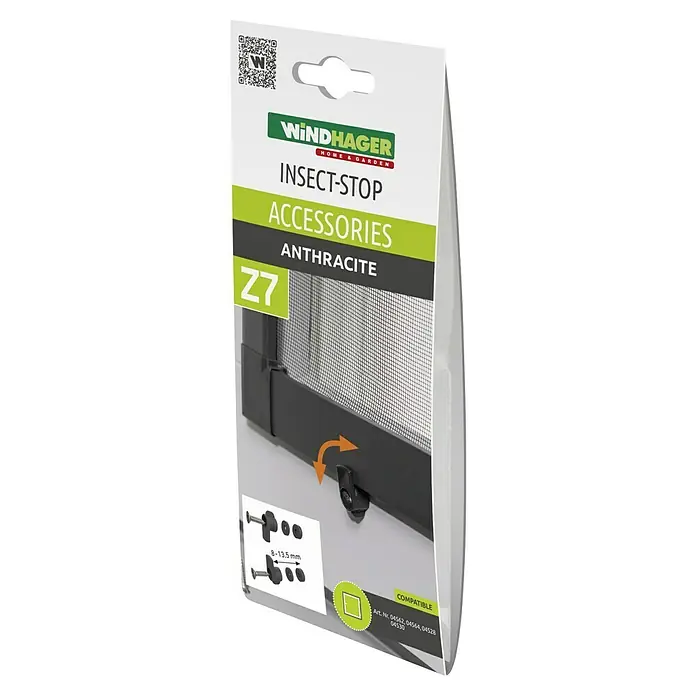 Windhager Befestigungs-Set für Fenstergitter Vorreiber - Kunststoff, 4 -tlg., Anthrazit - Verpackung von Windhager Insect-Stop Z7 Zubehör Anthrazit, kompatibel mit Insektenschutzgittern für Fenster und Türen.