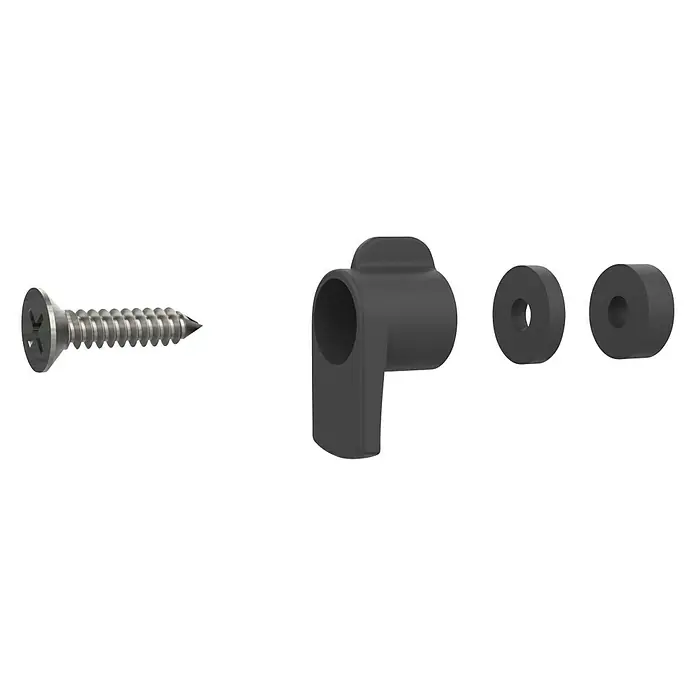 Windhager Befestigungs-Set für Fenstergitter Vorreiber - Kunststoff, 4 -tlg., Anthrazit - Produktansicht eines Schrauben-, Halterungs- und Distanzscheiben-Sets, ideal für verschiedene Montageanwendungen, auf schwarzem Hintergrund.