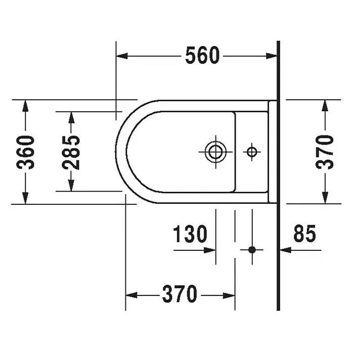 Duravit Starck 3 Stand-Bidet Typ 1 - 37 x 56 cm, Weiß, Keramik, Ohne Spezialglasur - Technische Zeichnung einer Toilette mit Maßen. Die Zeichnung zeigt die Abmessungen und Details des Toilettendesigns.