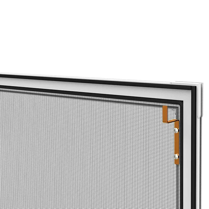 Windhager Insektenschutzfenster Expert - B x H: 120 x 220 cm, Weiß, Montage Insektengitter: Klemmen - Detailaufnahme eines Fensterrahmens mit Insektenschutzgitter und Halterung. Das Gitter ist feinmaschig und der Rahmen stabil konstruiert.