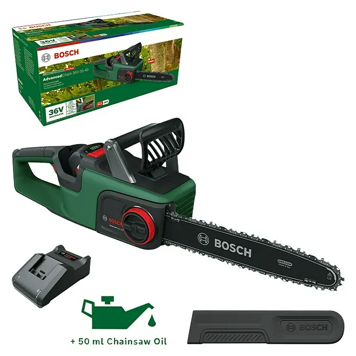 Bosch Power for All 36V Akku-Kettensäge AdvancedChain 36V-35-40 - 36 V, Li-Ionen, 1 Akku, Schwertlänge: 35 cm - Abbildung der Bosch AdvancedChain 36V-35-40 Akku-Kettensäge mit Akku, Kettenschutz und Ölflasche im Lieferumfang.