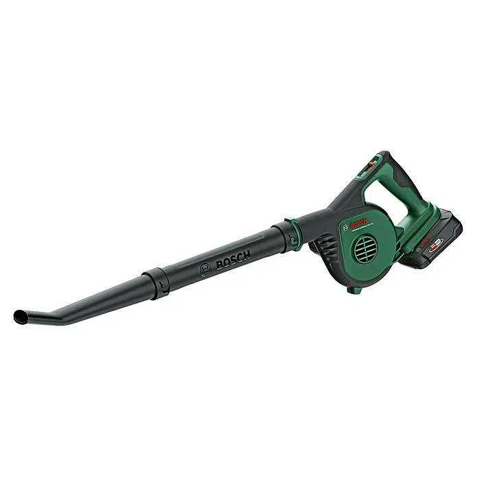 Bosch Power for All 18V Akku-Laubbläser UniversalLeafBlower 18V-130 - 18 V, Li-Ionen, Ohne Akku, Blasgeschwindigkeit: 185 km/h - Abbildung eines grünen Bosch Laubbläsers mit schwarzem Blasrohr und Akku. Ideal für Gartenarbeiten.