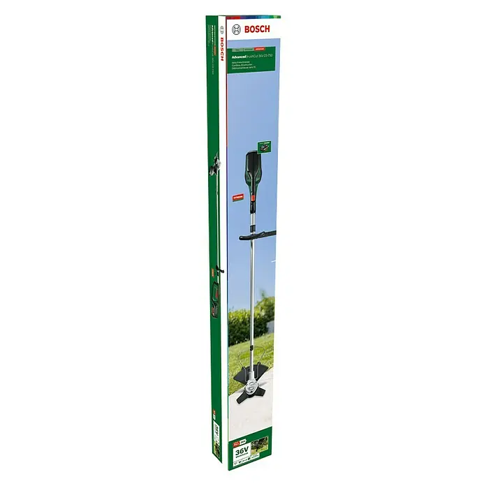 Bosch Power for All 36V Akku-Rasentrimmer AdvancedBrushCut 36V-23-750 - 36 V, 2 Ah, Li-Ionen, 1 Akku, Schnittbreite Messer: 23 cm, Schnittbreite Faden: 33 cm - Produktfoto: Bosch AdvancedBrushCut 36V-23-750 Akku-Rasentrimmer in Originalverpackung, ideal für präzise Rasenpflege.