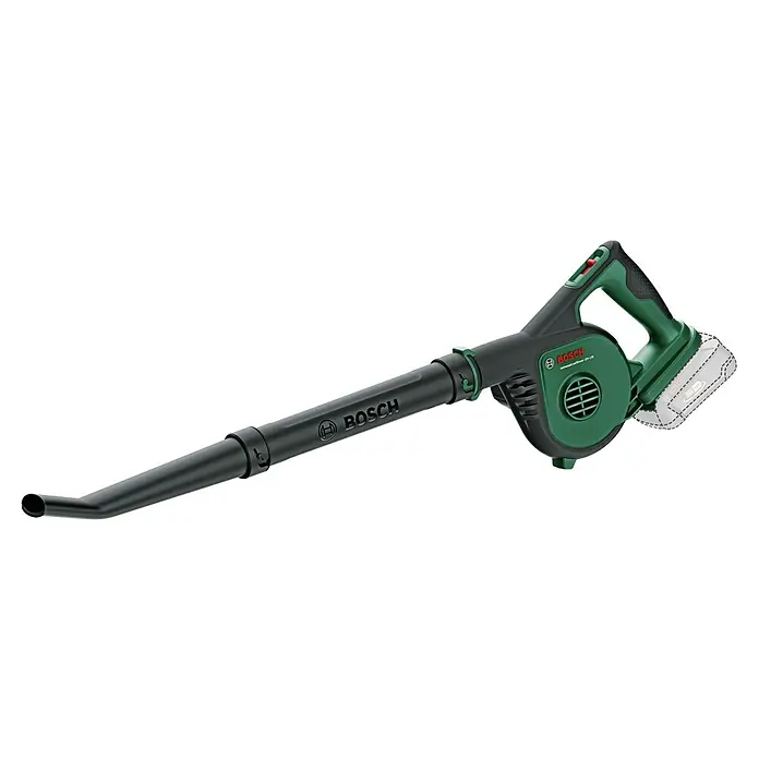 Bosch Power for All 18V Akku-Laubbläser UniversalLeafBlower 18V-130 - 18 V, Li-Ionen, Ohne Akku, Blasgeschwindigkeit: 185 km/h - Abbildung eines akkubetriebenen Laubbläsers von Bosch, Modell UniversalLeafBlower 18V-130, in Grün und Schwarz.