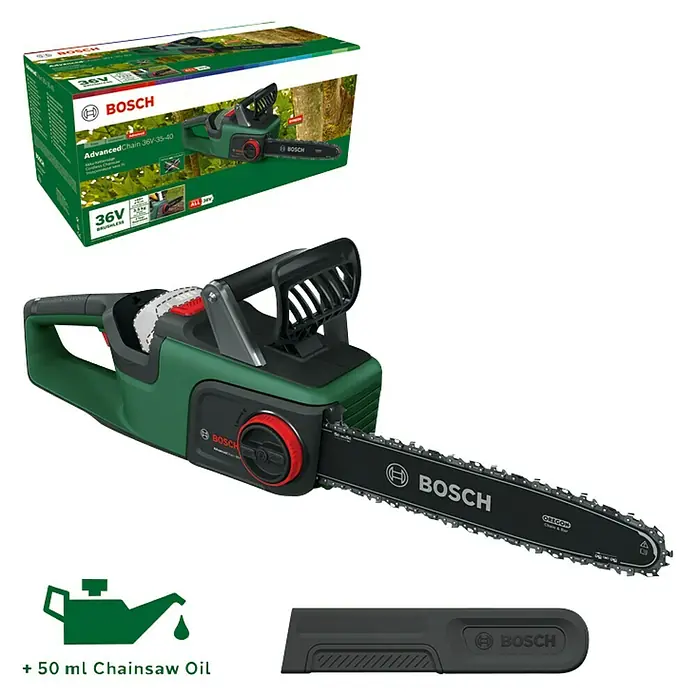 Bosch Power for All 36V Akku-Kettensäge AdvancedChain 36V-35-40 - 36 V, Li-Ionen, Ohne Akku, Schwertlänge: 35 cm - Abbildung der Bosch AdvancedChain 36V-35-40 Akku-Kettensäge mit Zubehör, ideal für Gartenarbeiten.