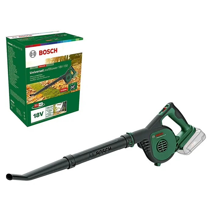 Bosch Power for All 18V Akku-Laubbläser UniversalLeafBlower 18V-130 - 18 V, Li-Ionen, Ohne Akku, Blasgeschwindigkeit: 185 km/h - Abbildung eines Akku-Laubbläsers von Bosch, Modell UniversalLeafBlower 18V-130, mit Verpackung.