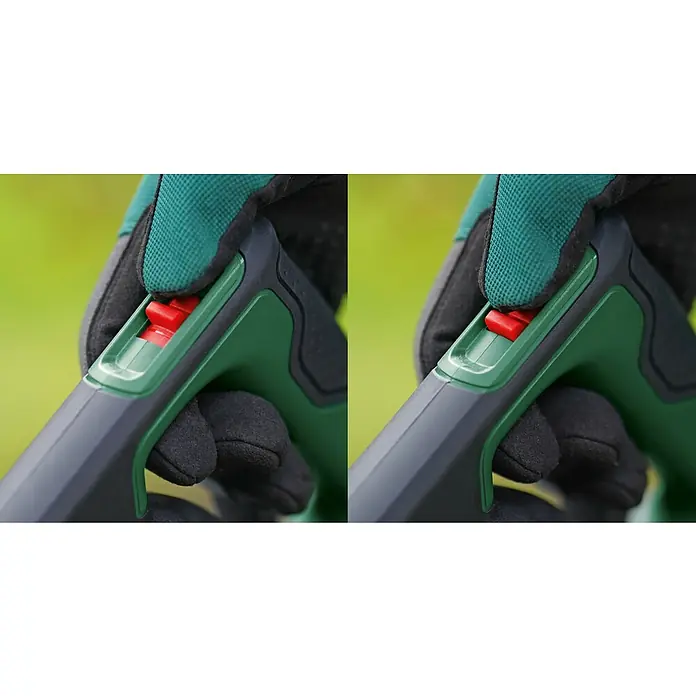 Bosch Power for All 18V Akku-Laubbläser UniversalLeafBlower 18V-130 - 18 V, Li-Ionen, Ohne Akku, Blasgeschwindigkeit: 185 km/h - Eine Hand mit Arbeitshandschuh betätigt einen roten Sicherheitsschalter an einem grünen Gartengerät, um es zu aktivieren oder deaktivieren.