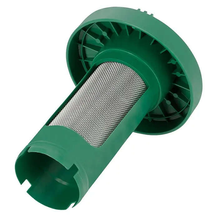 Regensammler InoxGrau, Grün, Größe Anschluss: 32 mm - Ein grüner Laubfalle-Aufsatz mit einem Metallsieb im Inneren, der auf einem schwarzen Hintergrund präsentiert wird.