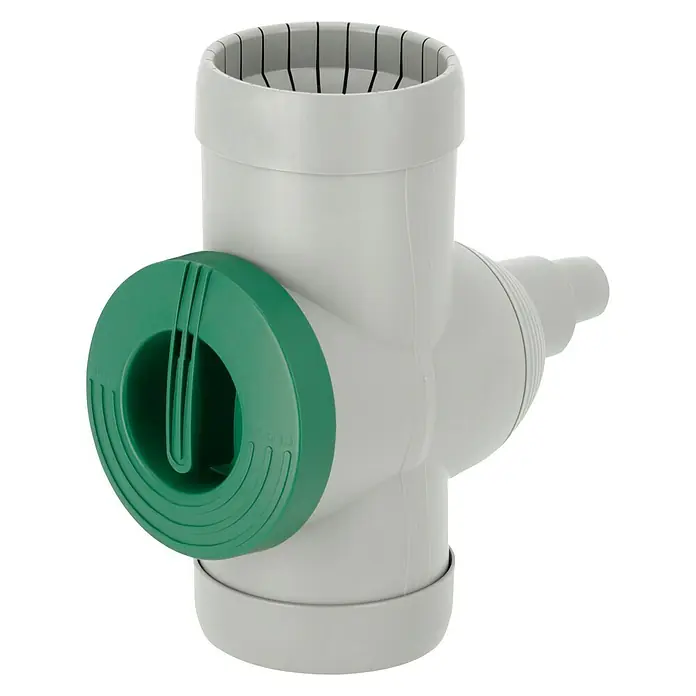 Regensammler Inox - Grau, Grün, Größe Anschluss: 32 mm - Ein graues Fallrohrfilter mit einem grünen Deckel, ein nützliches Gerät zur Filterung von Regenwasser.