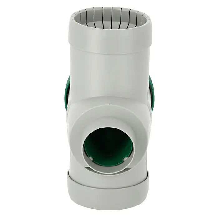 Regensammler InoxGrau, Grün, Größe Anschluss: 32 mm - Grauer PVC-T-Verbinder mit grünen Innenflächen für Abwasserleitungen, ideal für Sanitärinstallationen und Abwassersysteme.