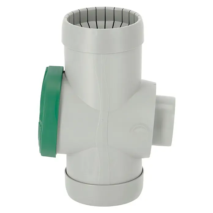Regensammler Inox - Grau, Grün, Größe Anschluss: 32 mm - Produktbild einer Abwasserrohrverzweigung mit grünem Deckel, geeignet für Sanitärinstallationen und Abwassersysteme.
