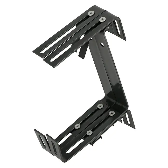 Geli Balkonkastenhalter Typ A - Anthrazit, 3-fach verstellbar, 2 Stk. - Nahaufnahme einer schwarzen Metallhalterung mit Schlitzen und Schrauben. Die Halterung ist stabil und für schwere Lasten geeignet.
