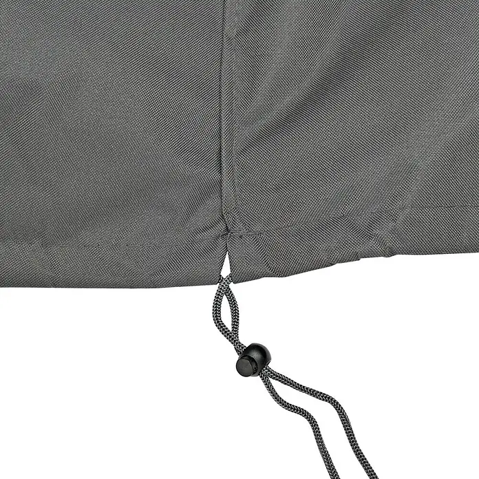 Sunfun Sonnenliegen-Schutzhülle - L x B x H: 210 x 85 x 45 cm, Grau - Detailaufnahme einer grauen Schutzhülle mit Kordelzug und Stopper, ideal für Gartenmöbel. Schützt vor Wind und Wetter.