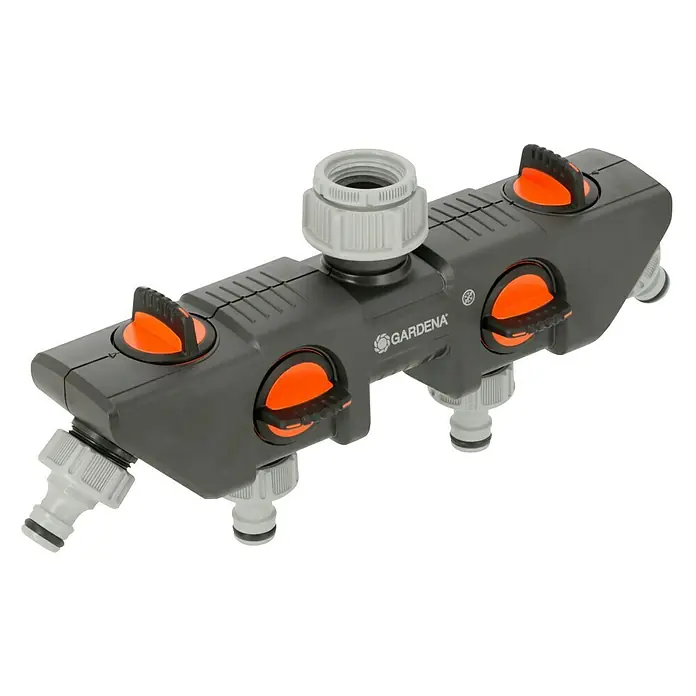 Gardena 4-Wege-Verteiler - Gewindegröße Wasserhahn: 26,5 mm (G 3/4“) - Gardena 4-fach Wasserverteiler mit drehbaren Reglern zur Regulierung der Wassermenge für vier Geräte.