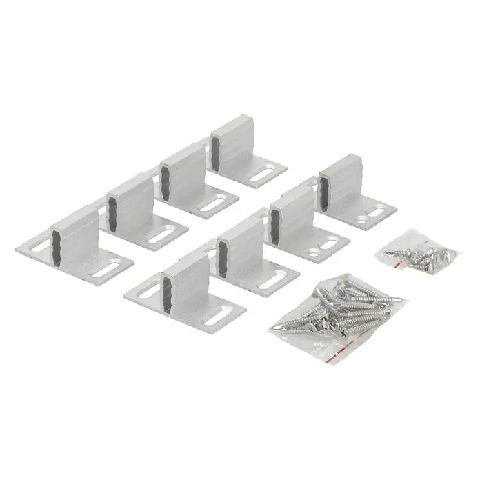 Zaunhalterung - 8 Stk., Aluminium - Eine Nahaufnahme von Solarpanel-Mittelklemmen und Schrauben, die eine silberne Aluminiumkonstruktion zur sicheren Befestigung von Solarpanelen zeigt.