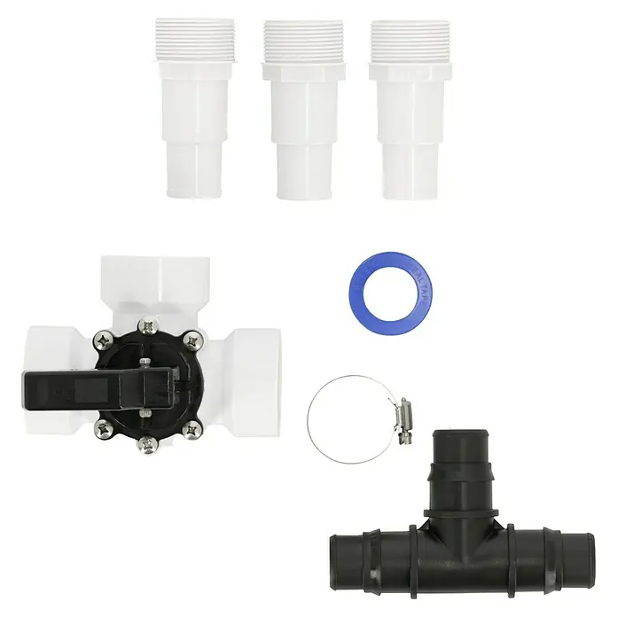 Malibu Bypass-Set - Durchmesser Anschluss: 32 mm - 38 mm - Verschiedene PVC-Rohrverschraubungen und Zubehör, einschließlich Ventile, Dichtband und T-Stückverbinder für Sanitäranwendungen.