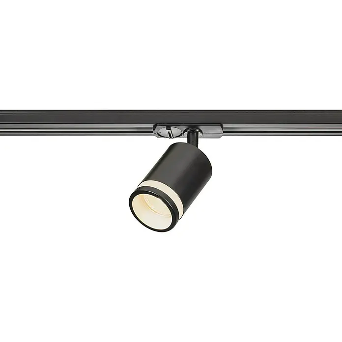 Nordlux Link Foco de pared Rondie - 35 W, Ø x Al: 6 x 15,2 cm, GU10, Negro - Toma de un foco de carril negro fijado a un carril negro. La luz tiene forma cilíndrica con una banda blanca.