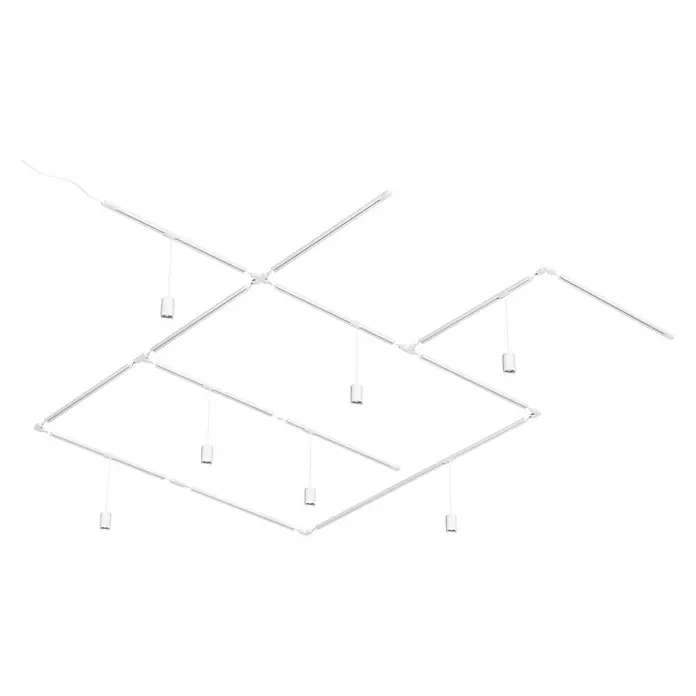 Nordlux Link Lámpara colgante redonda Rondie - 35 W, Ø x Al: 6 x 200 cm, GU10, Negro - La imagen muestra una lámpara colgante moderna y ramificada con múltiples luces LED en un sistema modular hecho de barras blancas.