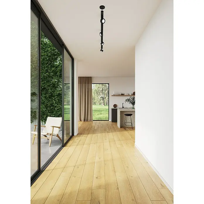 Nordlux Link Foco de pared LED Clyde - 4 W, Ø x Al: 8,5 x 10,5 cm, Blanco cálido, Negro - Interior moderno con iluminación de carril negra en el techo, iluminando la habitación de manera brillante. El diseño minimalista complementa el interior perfectamente.