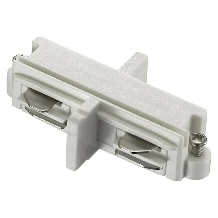 Nordlux Link Conector 2 rieles - L x An x Al: 3,5 x 6,5 x 1,8 cm, Blanco - Primer plano de un conector de carril de luz blanco con insertos metálicos y un tornillo, aislado sobre un fondo negro.
