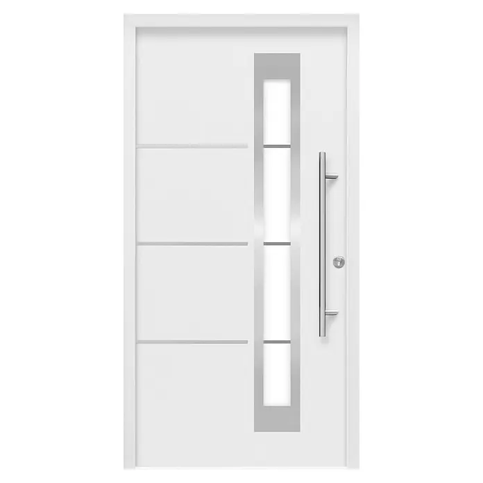 Splendoor Haustür Thermodoor PLUS SP50 - 110 x 210 cm, DIN Anschlag: Rechts, Verkehrsweiß - Nahaufnahme einer modernen weißen Haustür mit silbernen Akzenten, einem langen Griff und einem schlanken Design für einen stilvollen Eingangsbereich.