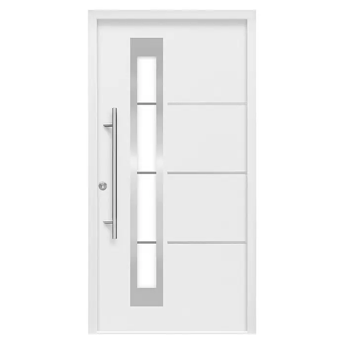 Splendoor Haustür Thermodoor PLUS SP50 - 100 x 210 cm, DIN Anschlag: Links, Verkehrsweiß - Moderne weiße Haustür mit senkrechtem Fensterteil und geradlinigem Design für einen einladenden Eingangsbereich.