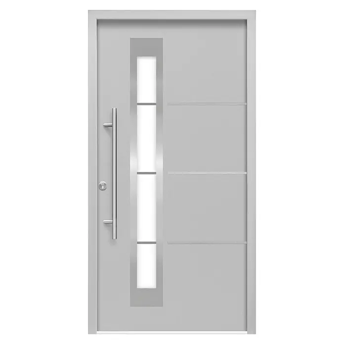 Splendoor Haustür Thermodoor PLUS SP50 - 110 x 210 cm, DIN Anschlag: Links, Verkehrsgrau - Graue Haustür mit vertikalem Fenster, Griff und horizontalen Linien.