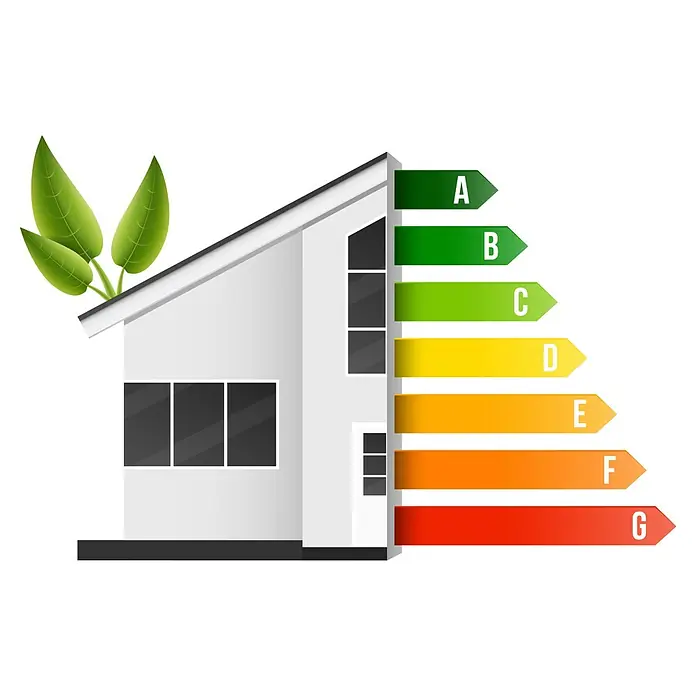 Splendoor Haustür Thermodoor PLUS SPL - 100 x 210 cm, DIN Anschlag: Rechts, Verkehrsweiß - Energieeffizienzhaus mit grünen Blättern und Farbskala von A bis G, die den Energieverbrauch des Hauses widerspiegelt.
