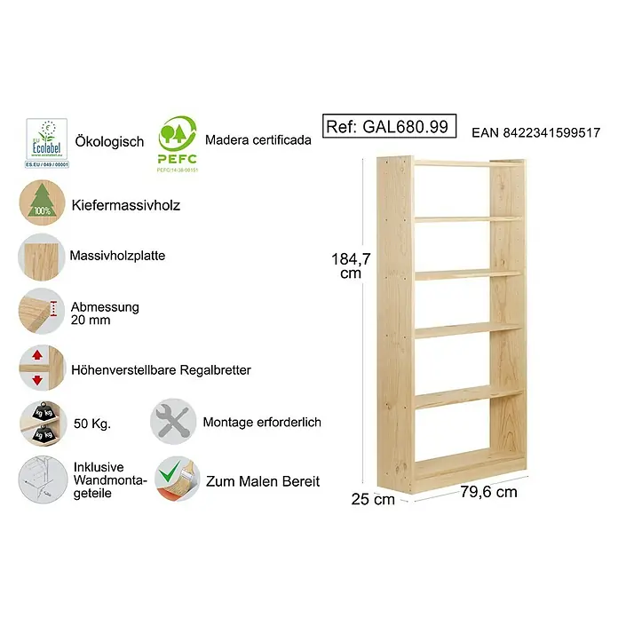 Astigarraga Gala Holzregal - H x B x T: 184,7 x 79,6 x 25 cm, Traglast pro Boden: 100 kg, Anzahl Böden: 6 Stk., Schrauben, Natur - Produktbild eines unbehandelten Kiefernholzregals mit verstellbaren Böden und den Maßen 184,7 x 79,6 x 25 cm.