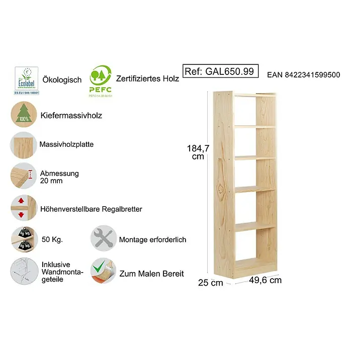 Astigarraga Gala Holzregal - H x B x T: 184,7 x 49,6 x 25 cm, Traglast pro Boden: 100 kg, Anzahl Böden: 6 Stk., Schrauben, Natur - Produktbild eines unbehandelten Kiefernholzregals mit fünf Ebenen, ideal zum Bemalen und zur individuellen Gestaltung.