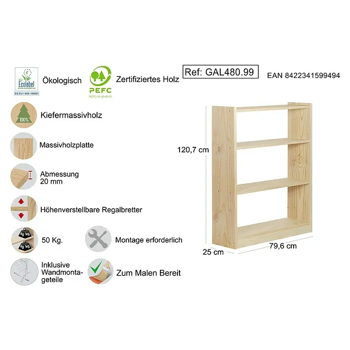 Astigarraga Gala Holzregal - H x B x T: 120,7 x 79,6 x 25 cm, Traglast pro Boden: 100 kg, Anzahl Böden: 4 Stk., Schrauben, Natur - Regal aus massivem Kiefernholz mit drei verstellbaren Regalböden, Maße: 120,7 x 79,6 x 25 cm.