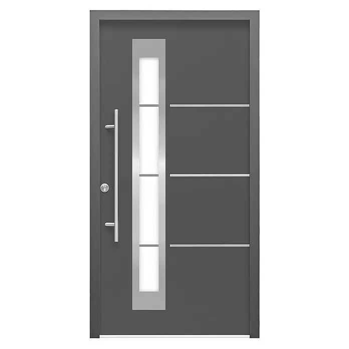 Splendoor Haustür Thermodoor PLUS SP50 - 110 x 210 cm, DIN Anschlag: Links, Anthrazitgrau Feinstruktur - Moderne anthrazitfarbene Haustür mit einem länglichen Fenster und horizontalen Zierleisten, die einen stilvollen und einladenden Eingang bietet.