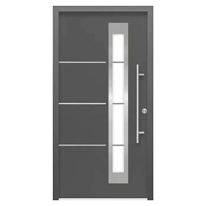 Splendoor Haustür Thermodoor PLUS SP50 - 100 x 210 cm, DIN Anschlag: Rechts, Anthrazitgrau Feinstruktur - Elegante, graue Haustür mit modernem Design, inklusive vertikalem Fensterband und horizontalen Zierlinien für ein stilvolles Erscheinungsbild.