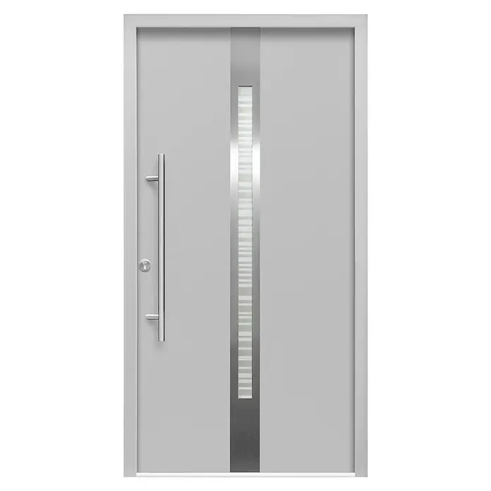 Splendoor Haustür Thermodoor PLUS SP20 - 100 x 210 cm, DIN Anschlag: Links, Verkehrsgrau - Graue Haustür mit vertikalem Fensterstreifen und einem langen, schlanken Griff. Zeitgemäßes Design für einen stilvollen Eingangsbereich.