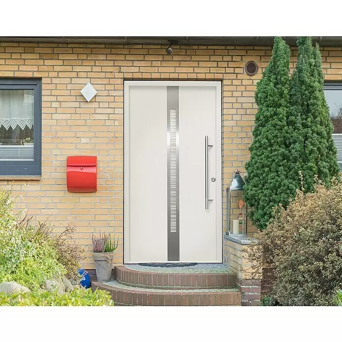 Splendoor Haustür Thermodoor PLUS SP20 - 100 x 210 cm, DIN Anschlag: Rechts, Verkehrsweiß - Moderne weiße Haustür mit vertikalem Silberakzent und langem Metallgriff.
