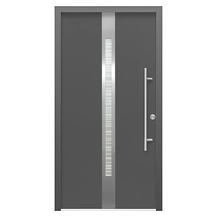 Splendoor Haustür Thermodoor PLUS SP20 - 110 x 210 cm, DIN Anschlag: Rechts, Anthrazitgrau Feinstruktur - Graue Haustür mit schmalem, senkrechtem Fensterband und langem, geradem Griff für einen modernen Eingangsbereich.