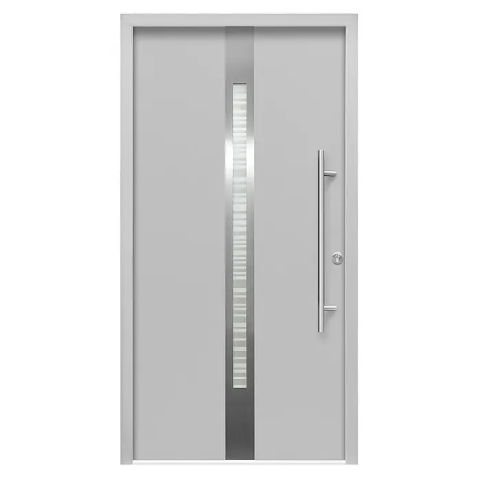 Splendoor Haustür Thermodoor PLUS SP20 - 110 x 210 cm, DIN Anschlag: Rechts, Verkehrsgrau - Moderne Haustür in Grau mit senkrechtem Glaseinsatz und Edelstahlgriff für einen stilvollen Eingangsbereich.