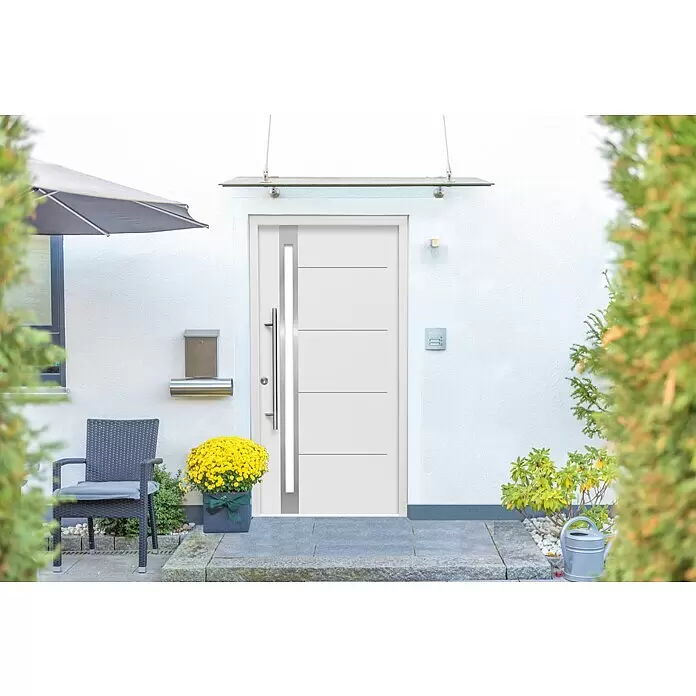 Splendoor Haustür Thermodoor PLUS SP30 - 100 x 210 cm, DIN Anschlag: Links, Verkehrsweiß - Moderne weiße Haustür mit vertikalem Glaseinsatz und langem Edelstahlgriff, installiert im Hauseingang.