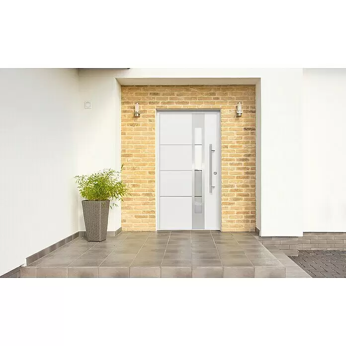 Splendoor Haustür Thermodoor PLUS SP50 - 110 x 210 cm, DIN Anschlag: Rechts, Verkehrsweiß - Moderne weiße Haustür mit Milchglasscheiben und Metallgriff, als Hauseingang installiert.