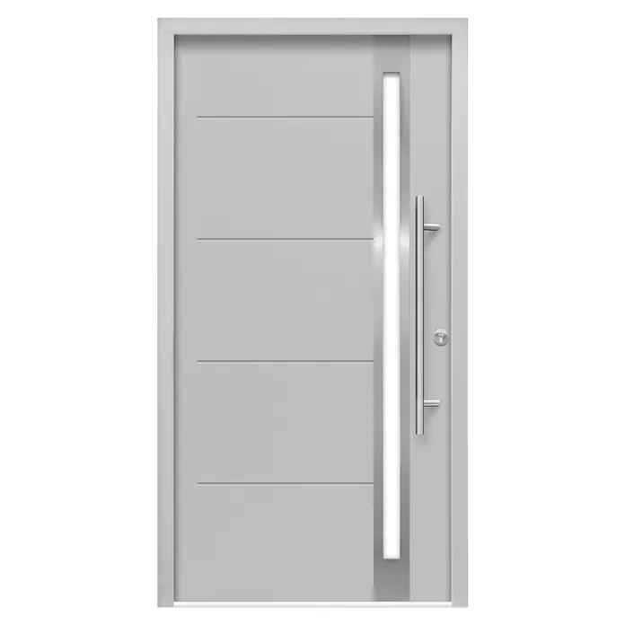 Splendoor Haustür Thermodoor PLUS SP30 - 110 x 210 cm, DIN Anschlag: Rechts, Verkehrsgrau - Graue Haustür mit horizontalen Linien, einem vertikalen Fensterstreifen und einem langen, silbernen Griff.