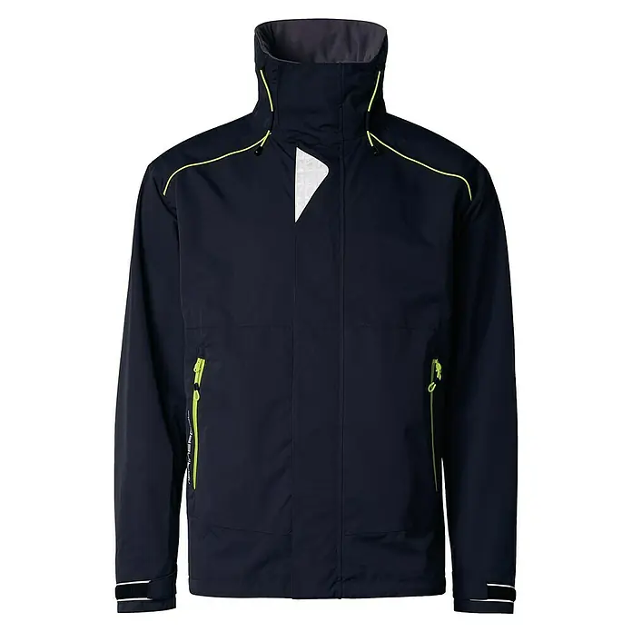 Marinepool Segeljacke Borneo - L, Herren, Schwarz - Marineblaue Jacke mit hoher Kragenform und gelben Akzenten. Die Jacke hat eine reflektierende, dreieckige Platte auf der Brust.