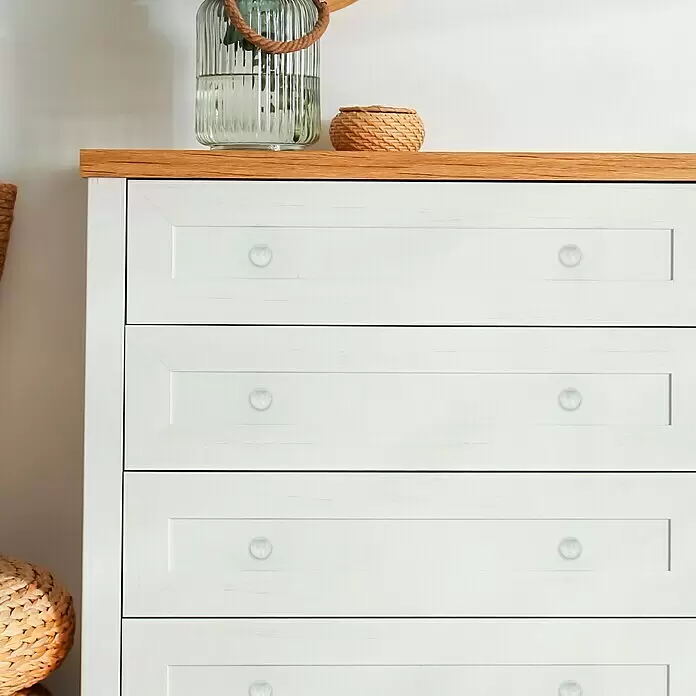 Häfele Pomo para muebles - Tipo de tirador del mueble: Botón, Ø x Al: 25 x 35 mm, Cromado, Plateado - Cómoda blanca con tapa de madera y tiradores de cristal.