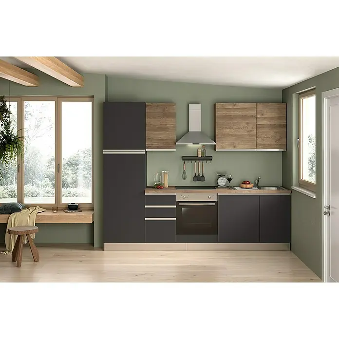 Marinelli Cucine Vormontierte Küchenzeile Ametista - Breite: 270 cm, Anthrazit/Nuss, Mit Elektrogeräten, Spüle links - Moderne Küche mit grauen Schränken, Holzregalen und einer hellen Arbeitsplatte, die ein stilvolles und funktionales Design bietet.