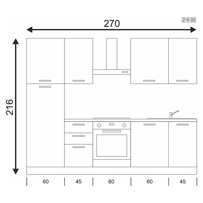 Marinelli Cucine Vormontierte Küchenzeile Luce - Breite: 270 cm, Weiß, Mit Elektrogeräten, Spüle links - Skizze einer modernen Küche mit Maßen, die Details zu Schrankanordnung, Geräten und Gesamtabmessungen für die Küchenplanung liefert.