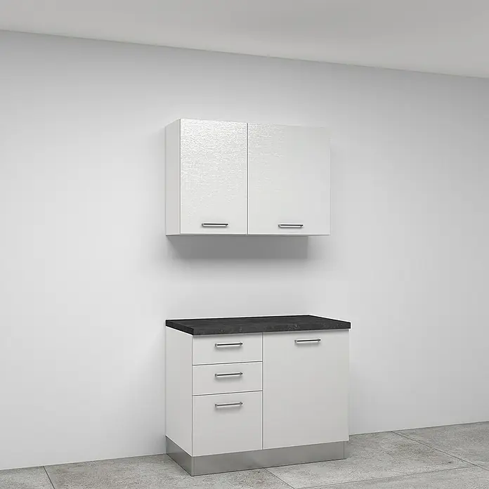 Marinelli Cucine Vormontierte Winkelküche Idra - B x T: 250 x 225 cm, Weiß, Mit Elektrogeräten, Spüle links - Küchenschrankkombination mit weißen Schränken und dunkler Arbeitsplatte für moderne Küchengestaltung.